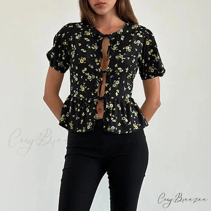 Puff Sleeve Bowknot Crop Top black1 / S croptop-250223