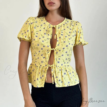 Puff Sleeve Bowknot Crop Top yellow / S croptop-250223
