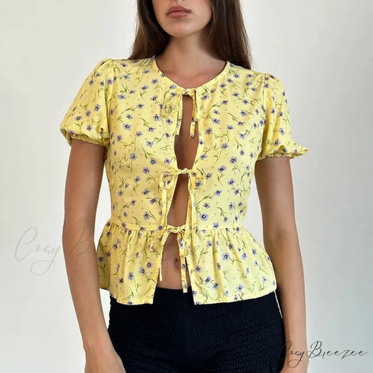 Puff Sleeve Bowknot Crop Top yellow / S croptop-250223