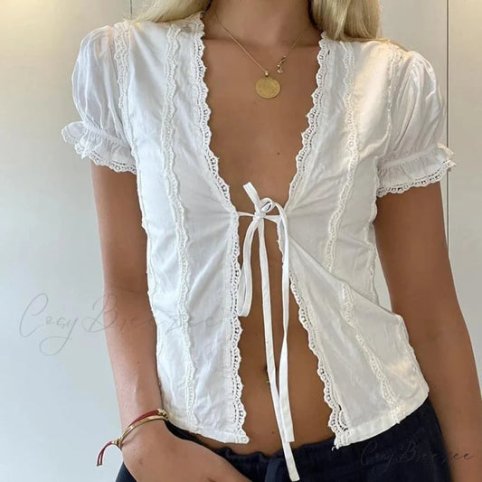 Puff Sleeve Lace Trim Front Tie Crop Top WHITE / S croptop-250126