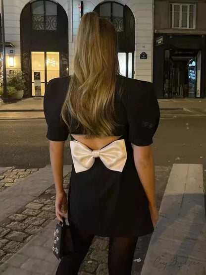 Puff Sleeve Large Collar Graceful Back Bow Blazer Mini Dress