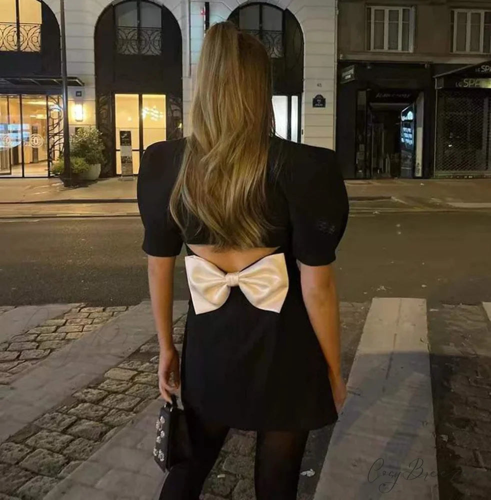 Puff Sleeve Large Collar Graceful Back Bow Blazer Mini Dress