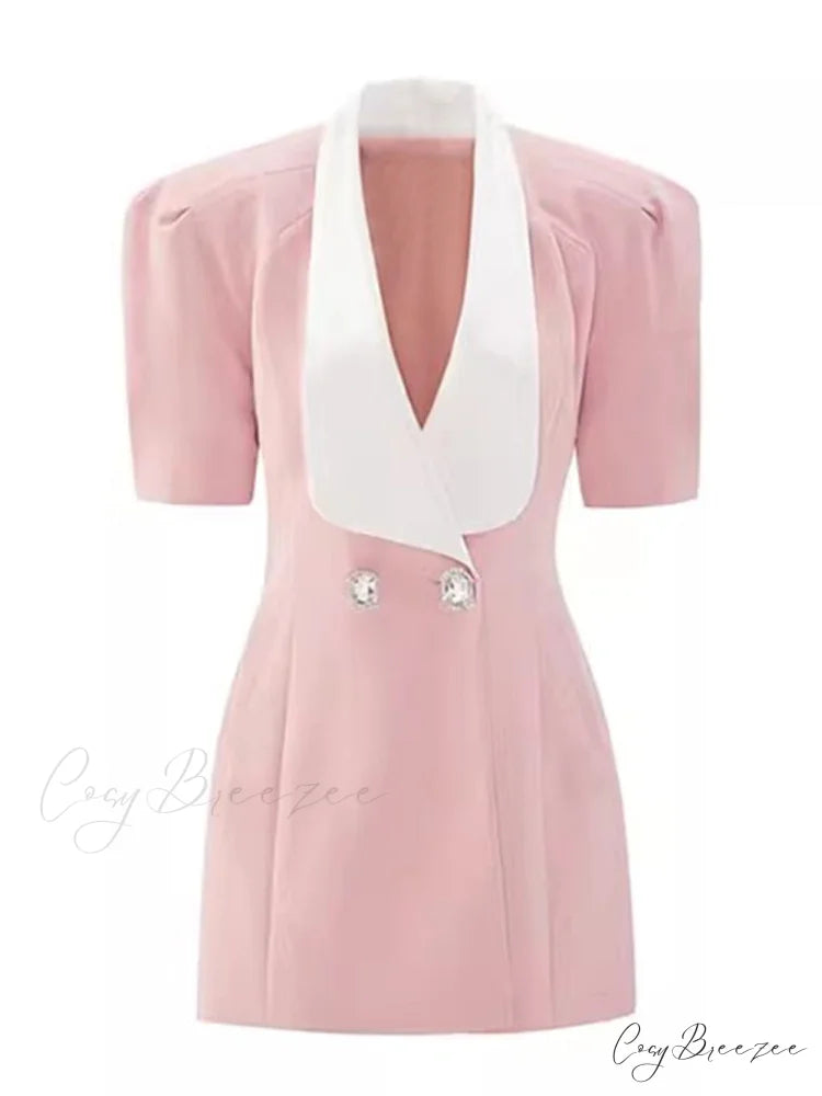 Puff Sleeve Large Collar Graceful Back Bow Blazer Mini Dress Pink / S