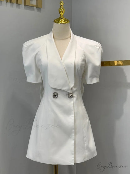 Puff Sleeve Large Collar Graceful Back Bow Blazer Mini Dress White / S