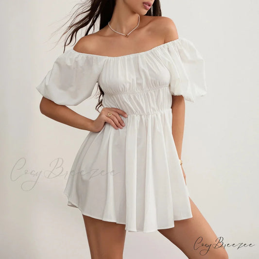 Puff Sleeve Off-Shoulder Mini Dress WHITE / S minidress-250223