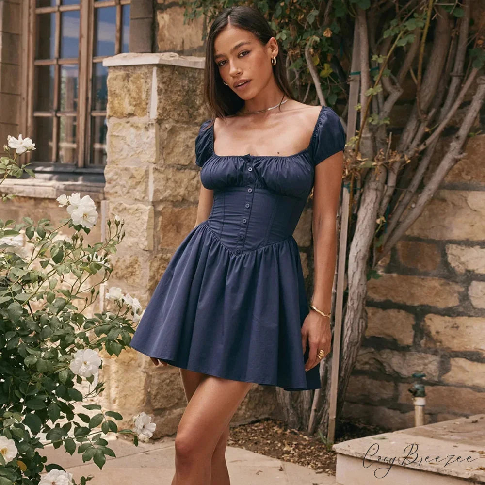 Puff Sleeve Pleated Corset Mini Dress Navy blue / XS