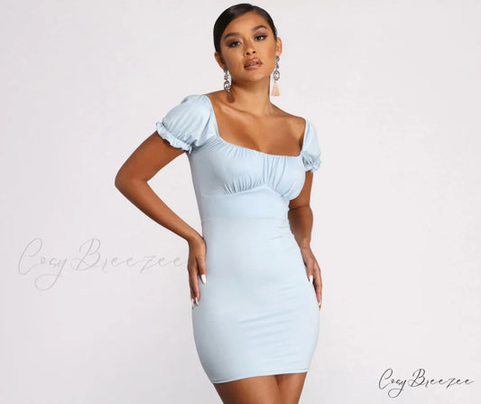 Puff Sleeve Ruched Charming Knit Mini Dress LIGHT BLUE / XS