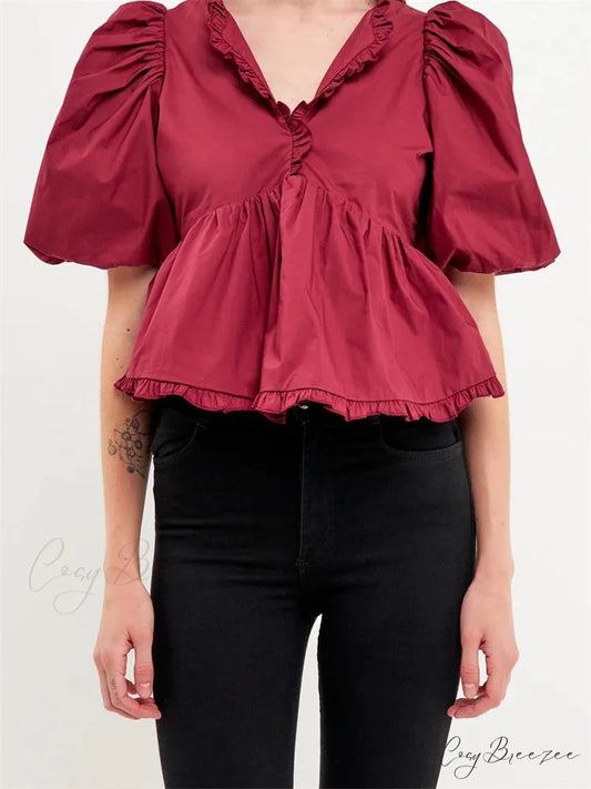 Puff Sleeve Ruffle Trim V-Neck Shirt dark red / S blouse-250223