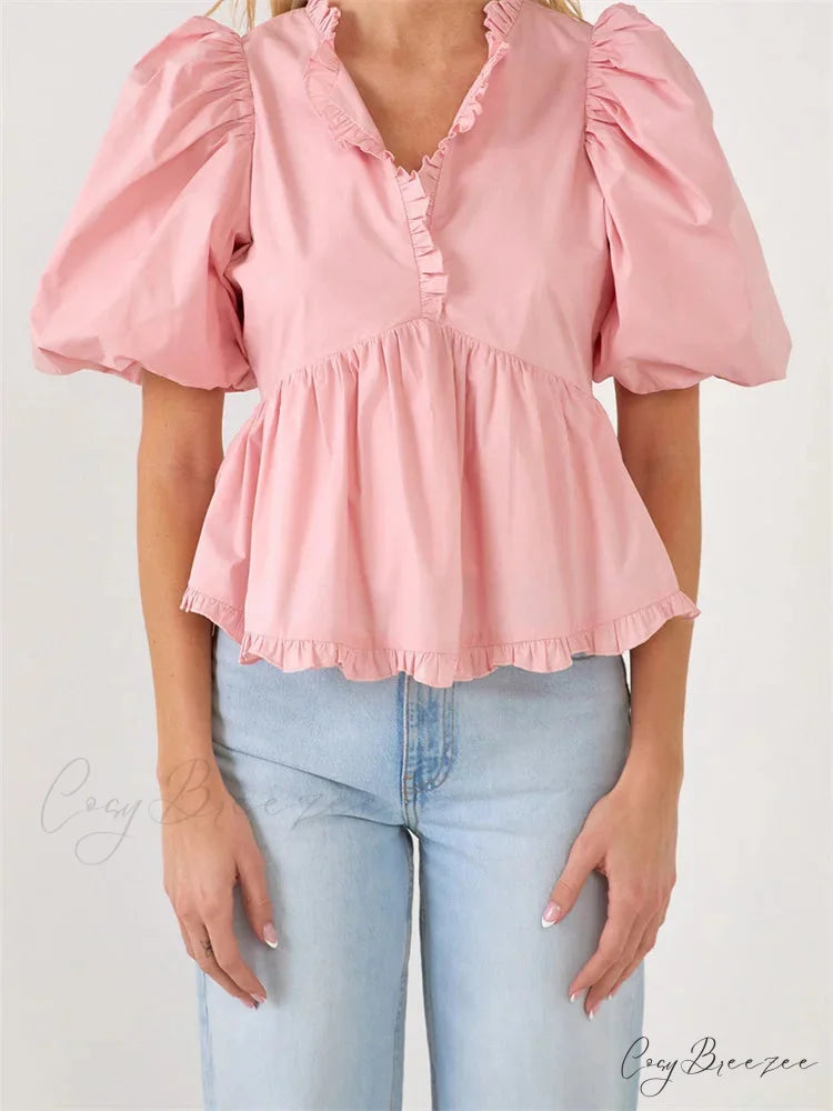 Puff Sleeve Ruffle Trim V-Neck Shirt pink / S blouse-250223
