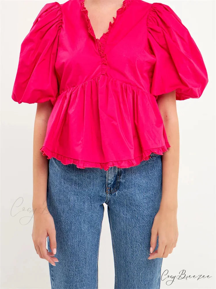 Puff Sleeve Ruffle Trim V-Neck Shirt rose red / S blouse-250223