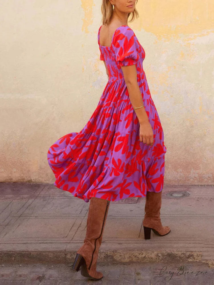 Puff Sleeve Square Charming Neck Printed Midi Dress