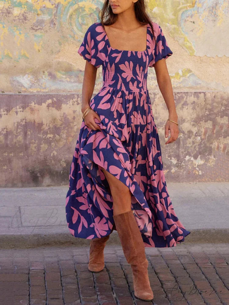 Puff Sleeve Square Charming Neck Printed Midi Dress Blue / S