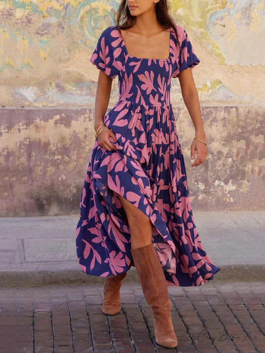 Puff Sleeve Square Charming Neck Printed Midi Dress Blue / S