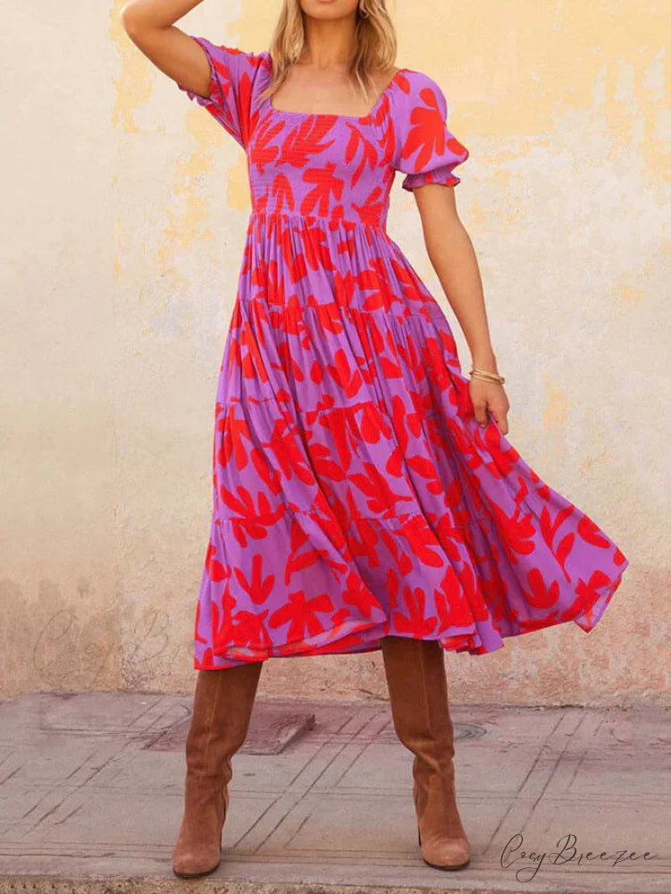 Puff Sleeve Square Charming Neck Printed Midi Dress Pink / S