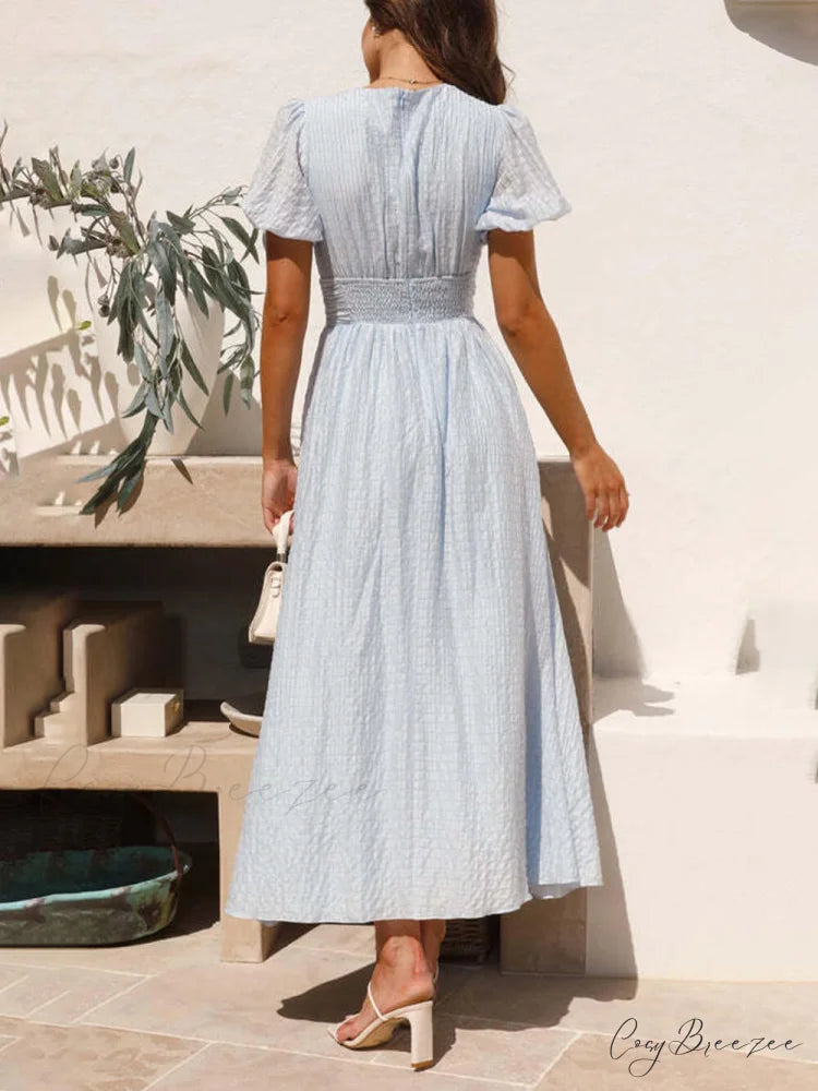 Puff Sleeve V-Neck Charming Long Oversized Hem Dress