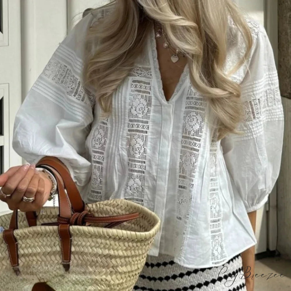 Puff Sleeve V-Neck Floral Embroidery Cotton Boho Blouse WHITE / XS bohoblouse-250126
