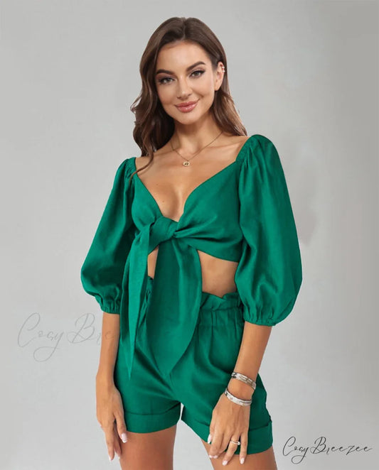Puff Top Set and Arm with Shorts Cutout Teal / S