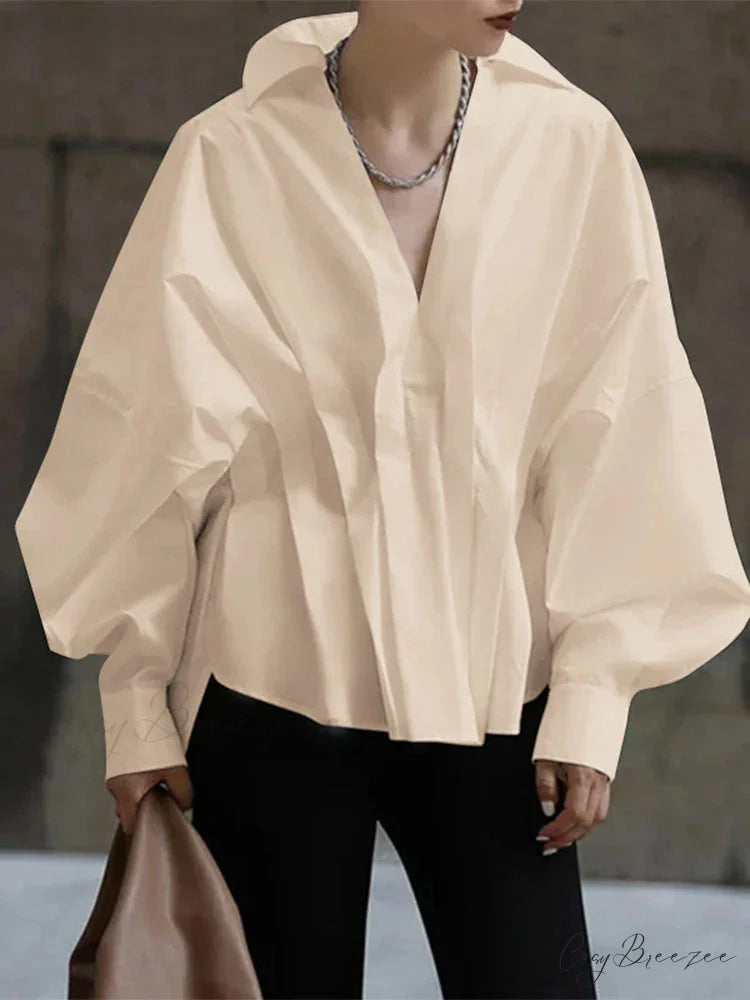 Puffy Long Sleeve Pleated Collar Blouse Beige / S blouse-250126