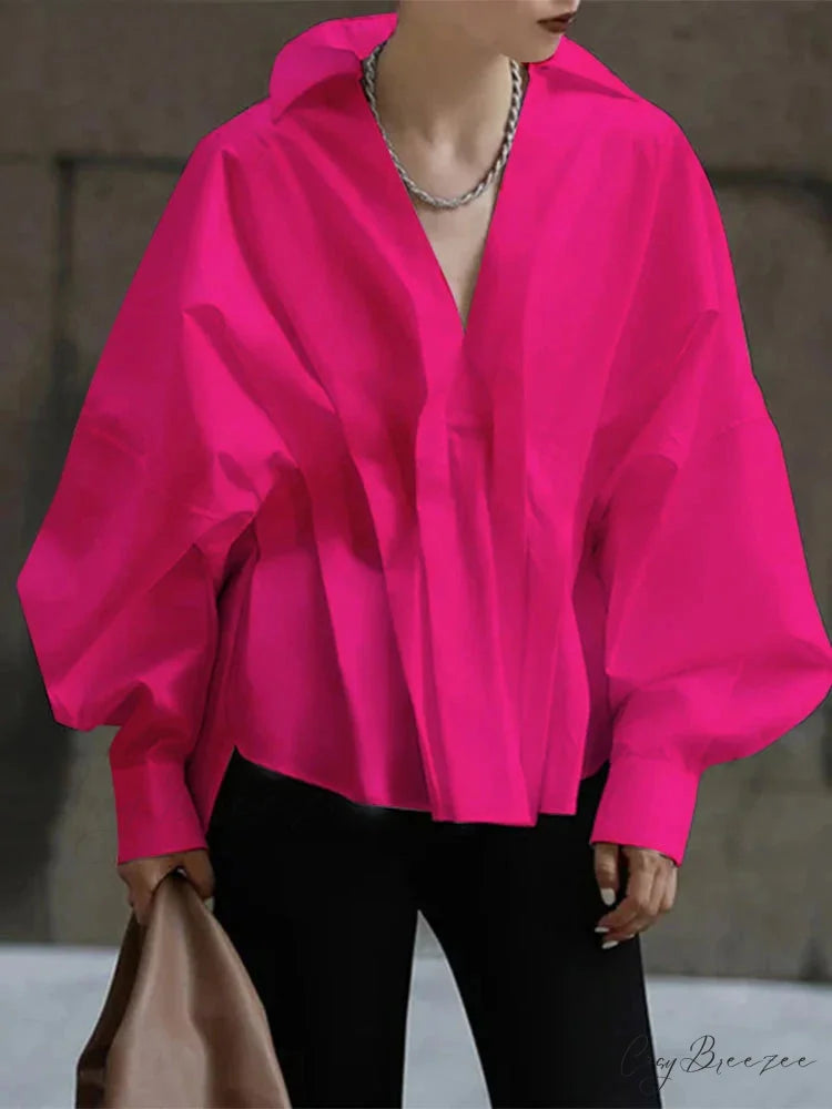 Puffy Long Sleeve Pleated Collar Blouse Dark Pink / S blouse-250126