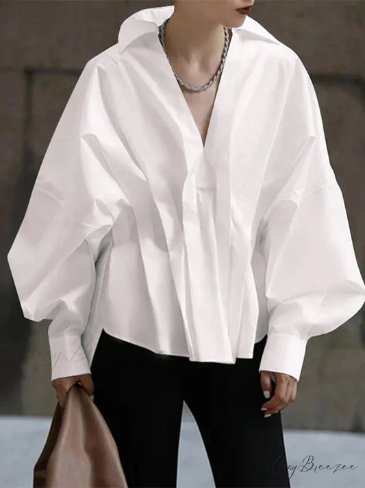 Puffy Long Sleeve Pleated Collar Blouse WHITE / S blouse-250126