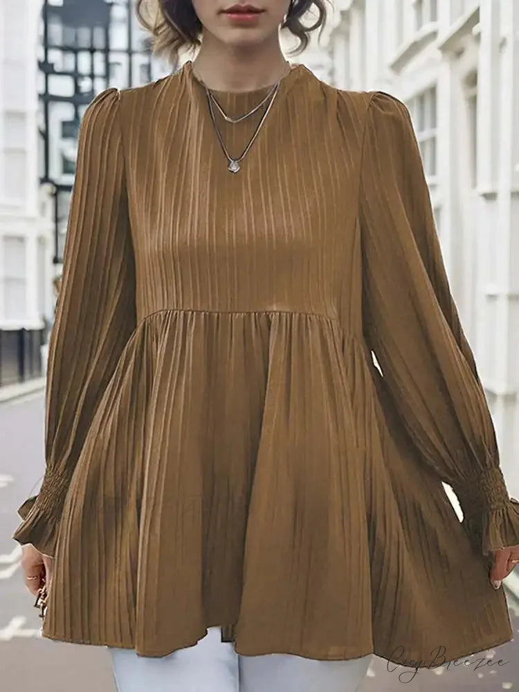 Puffy Long Sleeve Pleated Relaxed Blouse Brown / S blouse-250126