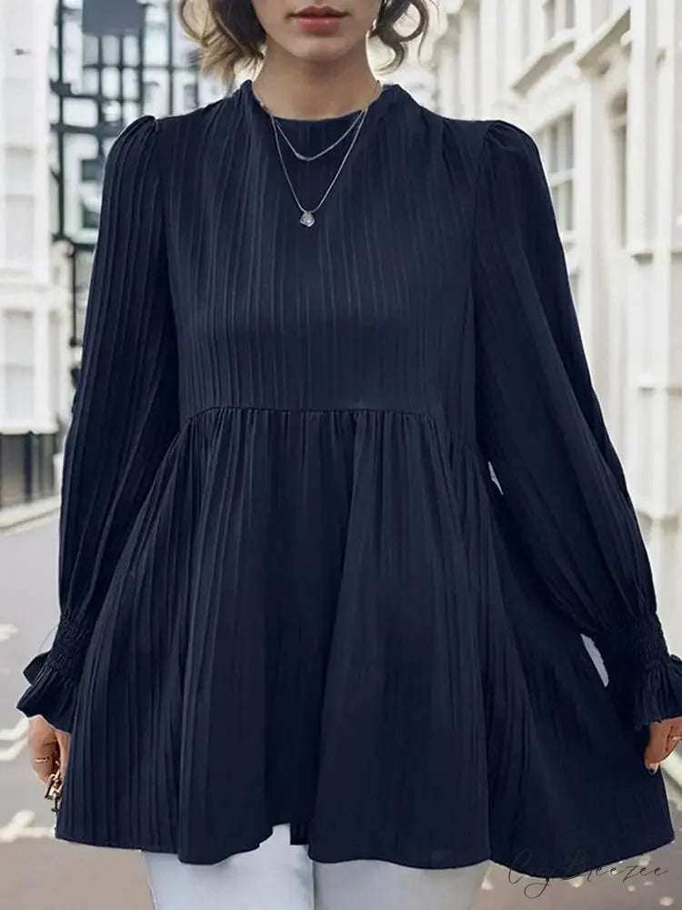 Puffy Long Sleeve Pleated Relaxed Blouse Dark Blue / S blouse-250126