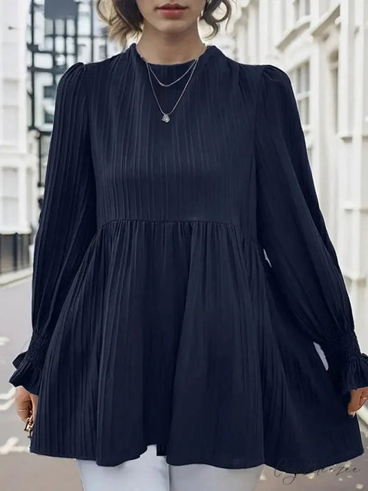 Puffy Long Sleeve Pleated Relaxed Blouse Dark Blue / S blouse-250126