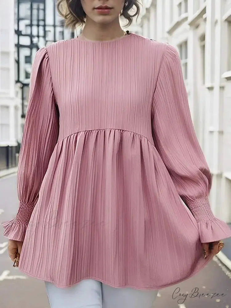 Puffy Long Sleeve Pleated Relaxed Blouse Pink / S blouse-250126