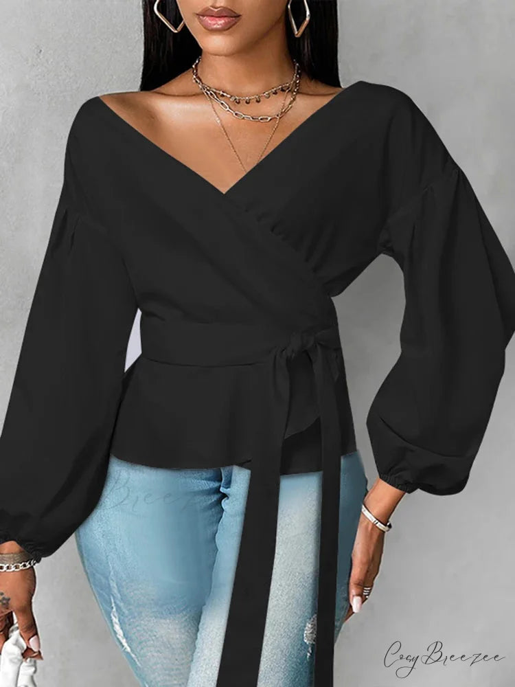 Puffy Sleeve Frilled Belted Plain Color Blouse Black / 0XL blouse-250126