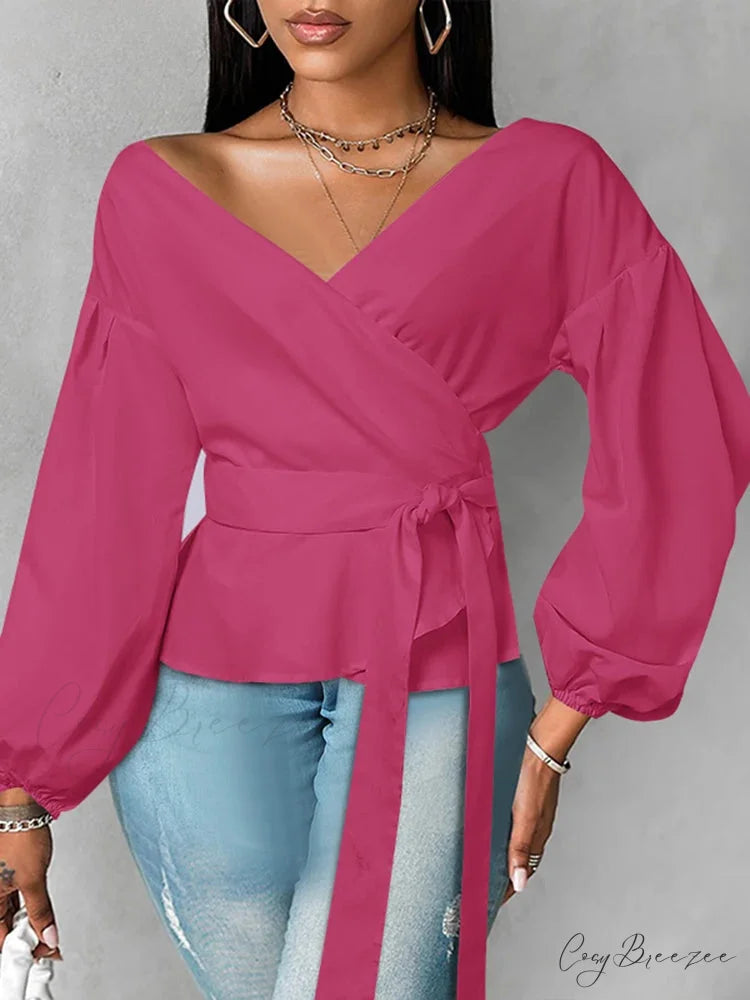 Puffy Sleeve Frilled Belted Plain Color Blouse Dark Pink / 0XL blouse-250126