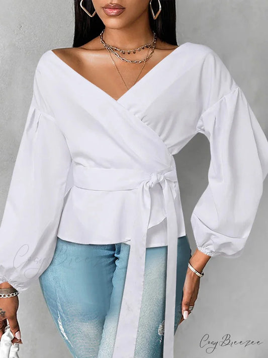 Puffy Sleeve Frilled Belted Plain Color Blouse White / 0XL blouse-250126