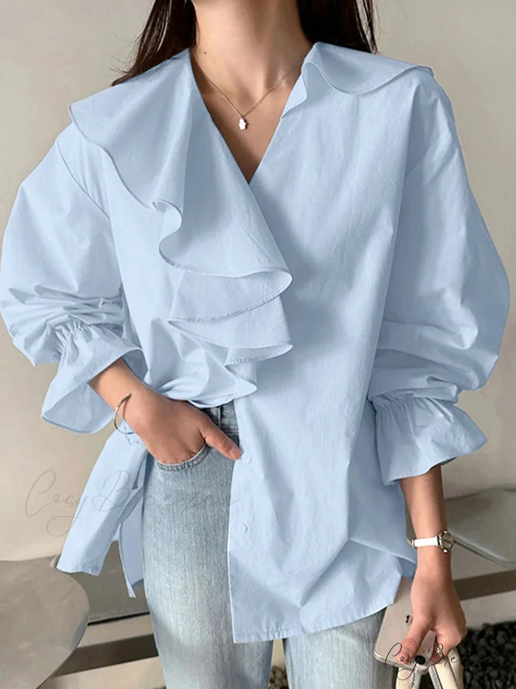 Puffy Sleeve Frilled Minimalist Blouse Blue / S blouse-250126