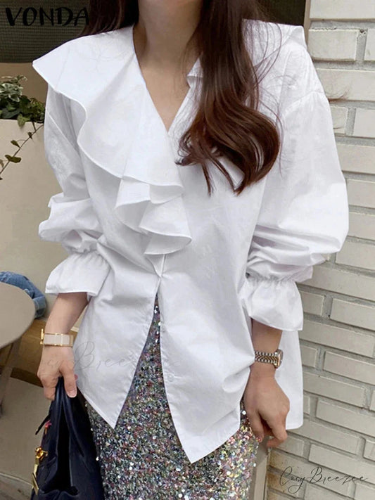 Puffy Sleeve Frilled Minimalist Blouse WHITE / S blouse-250126