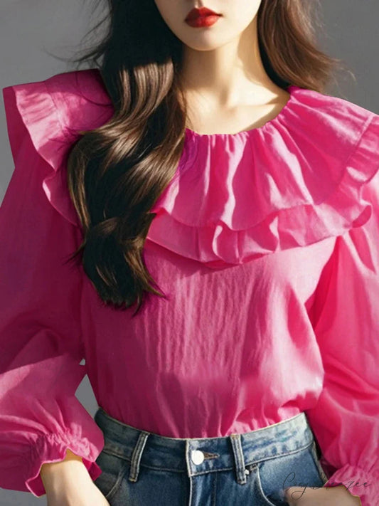 Puffy Sleeve Frilled Round-neck Relaxed Blouse Dark Pink / S blouse-250126