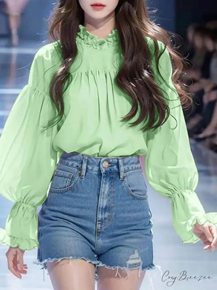 Puffy Sleeve Plain Stand-up Collar Elegant Blouse Green / S blouse-250126