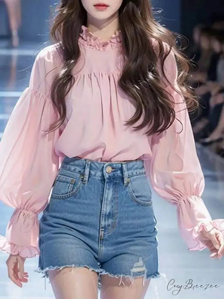 Puffy Sleeve Plain Stand-up Collar Elegant Blouse Pink / S blouse-250126