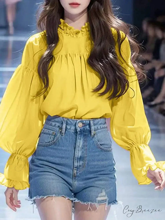 Puffy Sleeve Plain Stand-up Collar Elegant Blouse Yellow / S blouse-250126