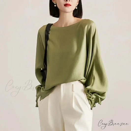 Puffy Sleeve Satin Laid-back Stylish Blouse blouse-250126