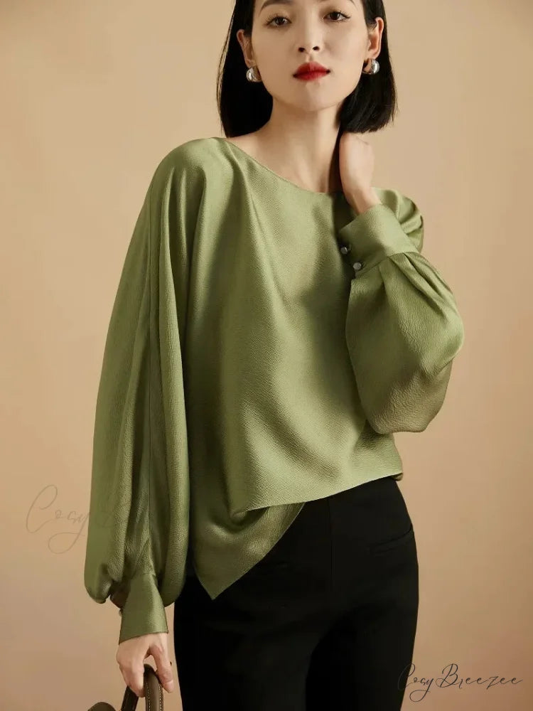 Puffy Sleeve Satin Laid-back Stylish Blouse Windblown pine / S blouse-250126