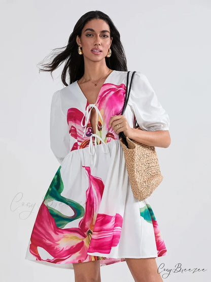 Puffy Sleeve Tie-up A-line Mini Dress WHITE2 / S floraldress-250126