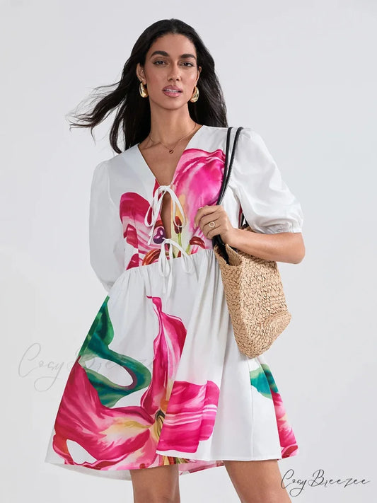Puffy Sleeve Tie-up A-line Mini Dress WHITE2 / S floraldress-250126