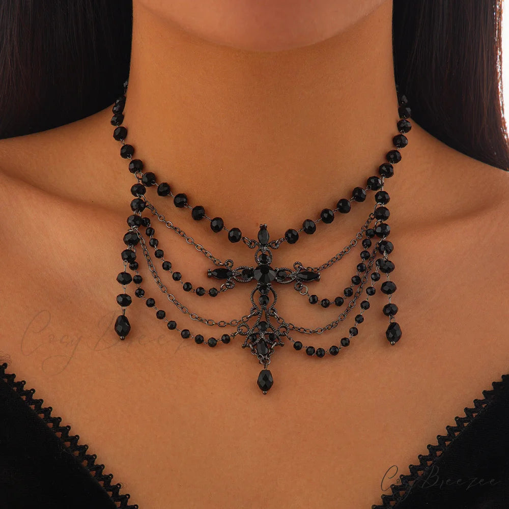 Punk Beaded Tassel Halloween Party Handmade Gemstone Choker Necklace BLACK