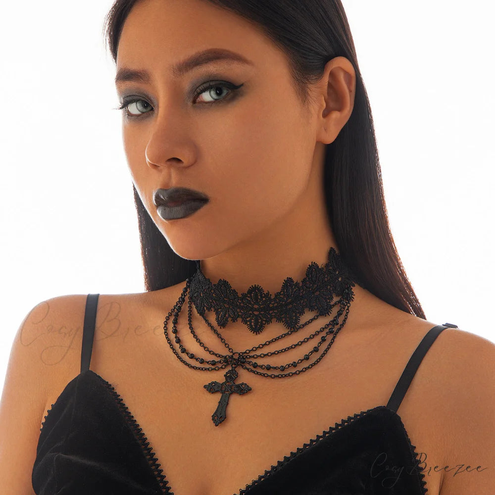 Punk Beaded Tassel Halloween Party Handmade Gemstone Choker Necklace BLACK