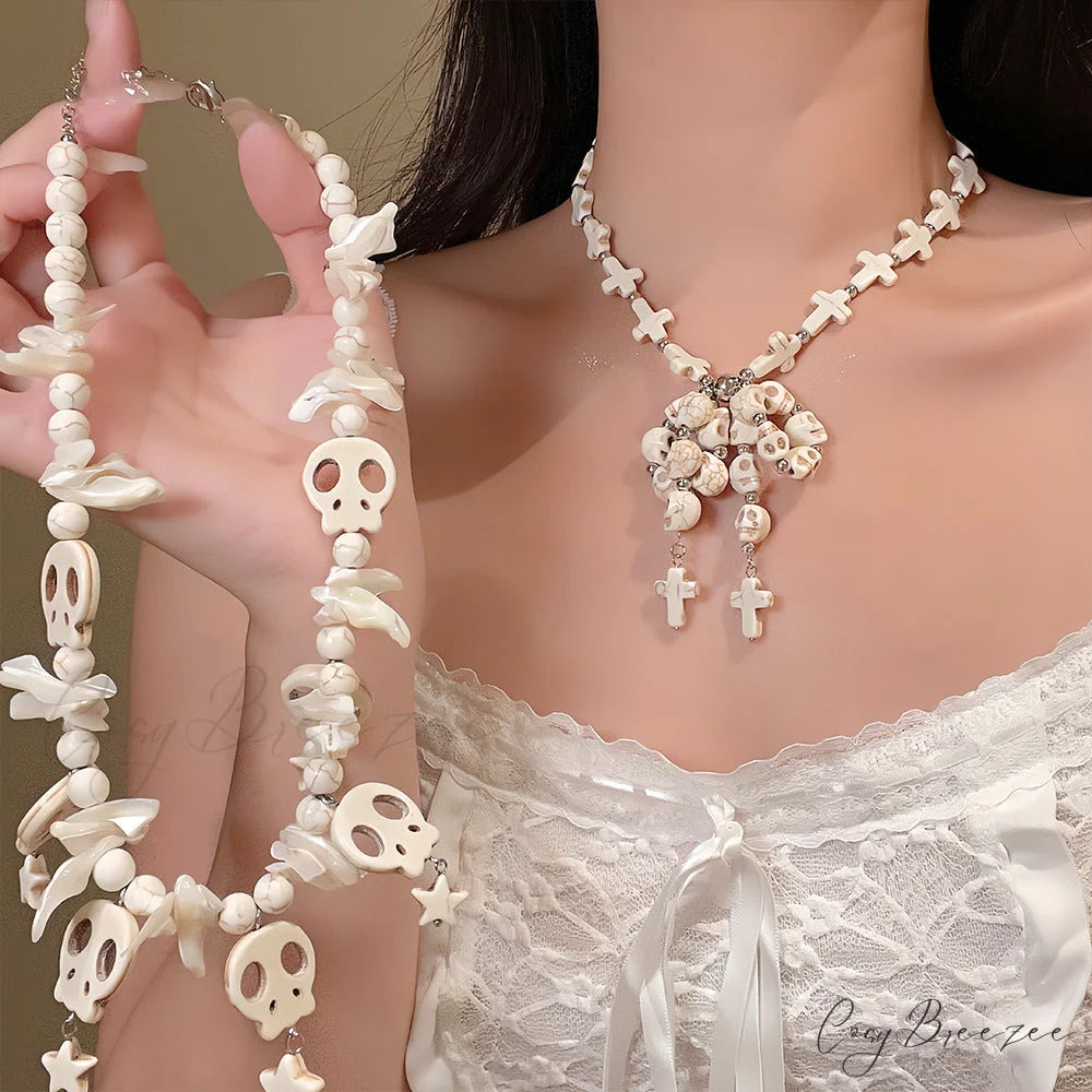 Punk Bow Skull Beaded Cross Star Pendant Necklace WHITE