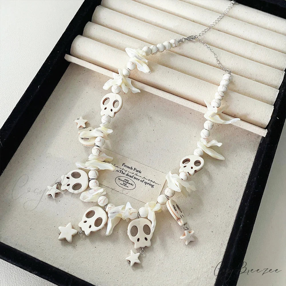 Punk Bow Skull Beaded Cross Star Pendant Necklace WHITE