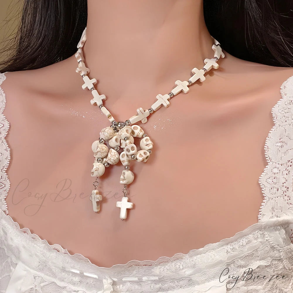Punk Bow Skull Beaded Cross Star Pendant Necklace WHITE