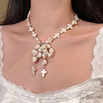 Punk Bow Skull Beaded Cross Star Pendant Necklace WHITE