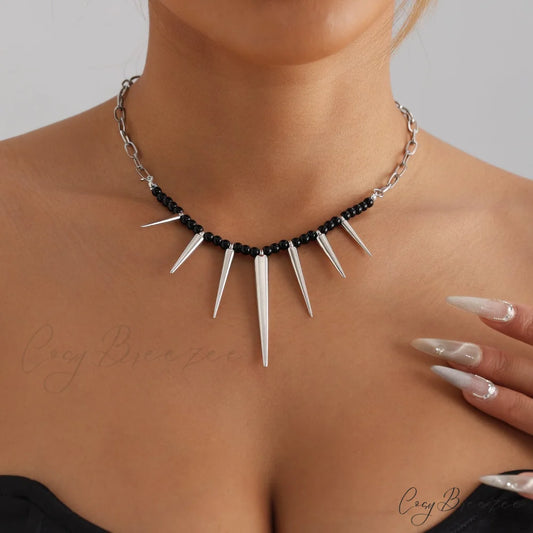 Punk Chain Black Pearl Studded Necklace WHITE