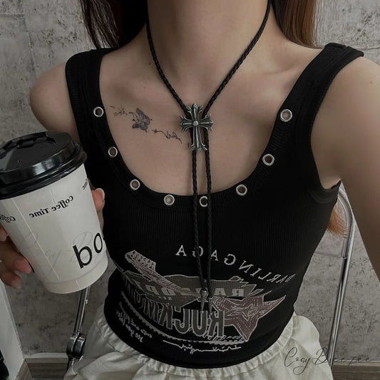 Punk Cross Black Rope Leather Woven Necklace SILVER
