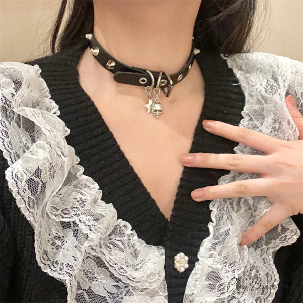 Punk Gothic Dark Skull Pendant Y2K Hot Girl Choker Necklace BLACK
